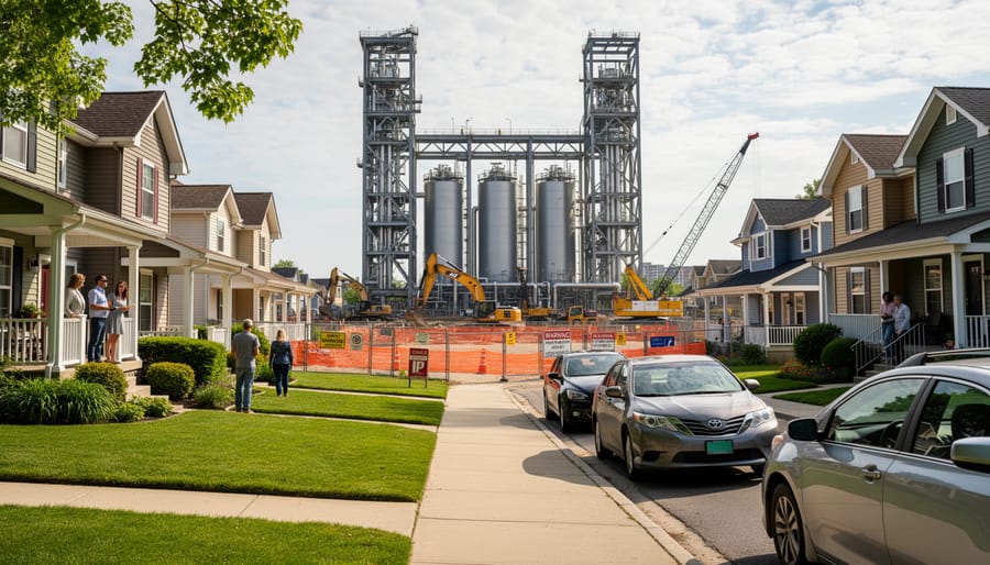 Residential home near distant industrial construction activity with trucks and equipment in the background