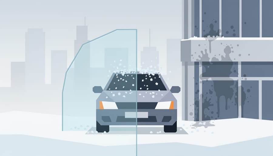 Road salt granules on wet asphalt with a vehicle blurred in the background, representing harsh winter exposure.