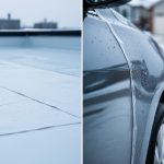 Close-up views of a coated flat roof and a vehicle fender protected with paint protection film, presented side-by-side in a Canadian winter atmosphere.