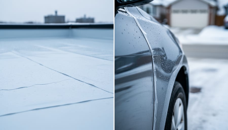 Close-up views of a coated flat roof and a vehicle fender protected with paint protection film, presented side-by-side in a Canadian winter atmosphere.