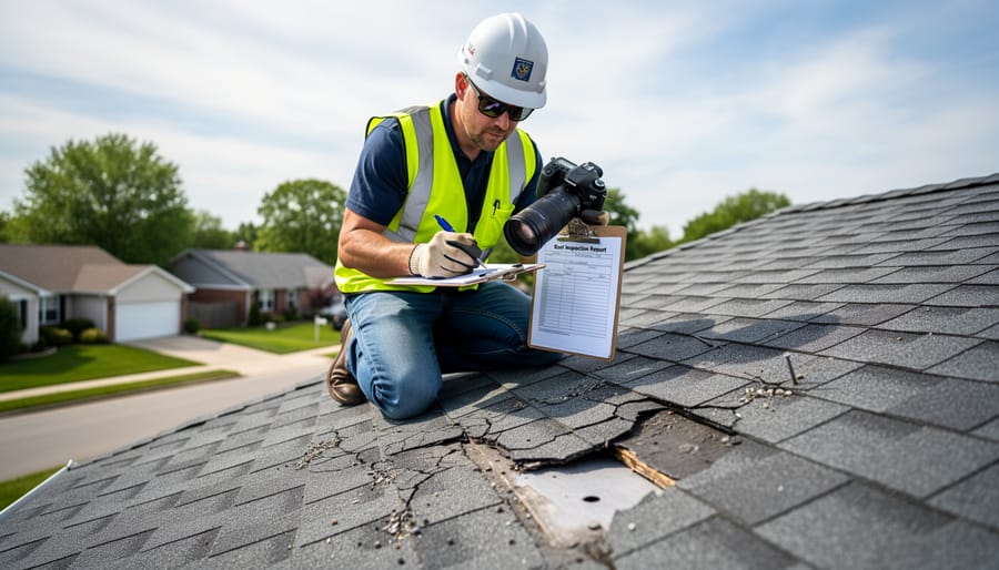 Roofer and insurance adjuster inspecting flashing and roof surface during an on-site inspection
