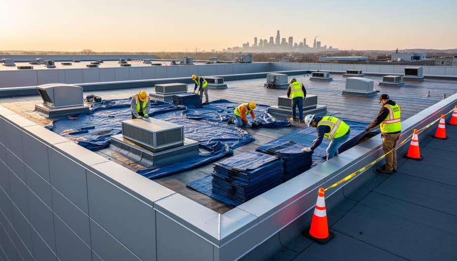 Roofing crew securing tarps and materials on a residential roof