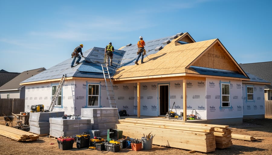 Workers installing shingles on a new residential roof during construction under soft daylight