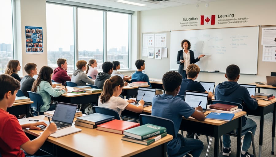 Teacher and students in a classroom learning together with books on desks