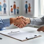 A handshake over a desk beside a blank donation receipt folder, symbolizing a registered charitable organization and accountable donation practices in Canada.