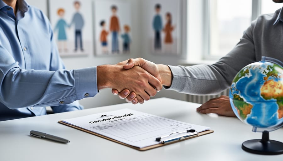 A handshake over a desk beside a blank donation receipt folder, symbolizing a registered charitable organization and accountable donation practices in Canada.