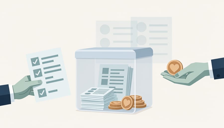 Close-up of a donation envelope and paperwork folder on a wooden table symbolizing charitable documentation