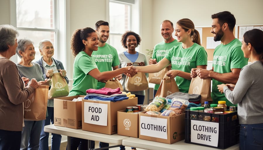 Volunteers handing boxed donations to a community member at a community center entrance