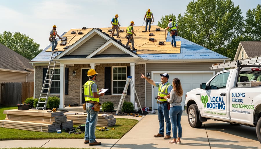 Roofing crew installing new shingles on a residential home in Canada.