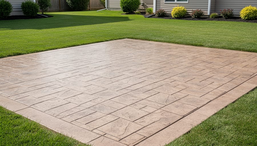 Cleaning tools placed near a textured stamped concrete walkway
