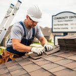 Hard-hatted construction worker installing roof shingles on a suburban home under soft daylight.