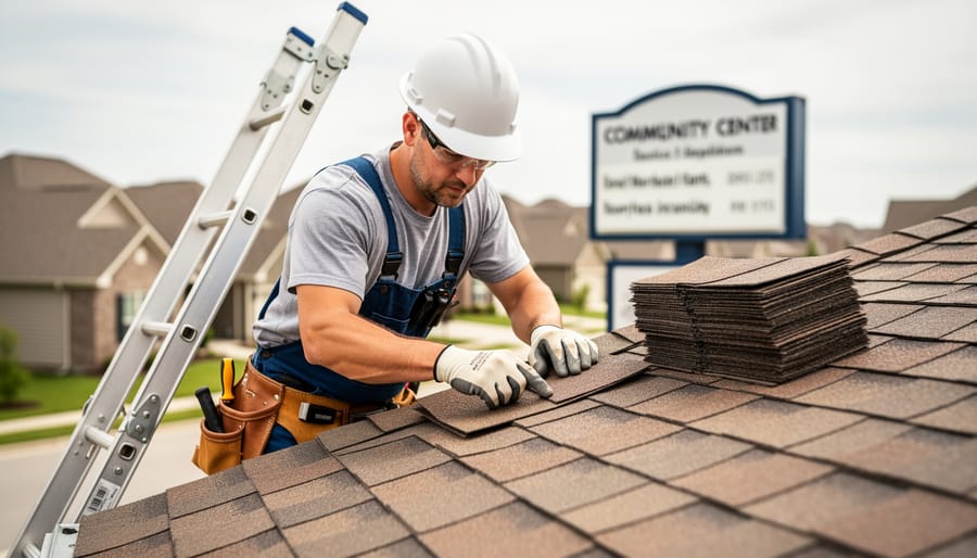 Hard-hatted construction worker installing roof shingles on a suburban home under soft daylight.