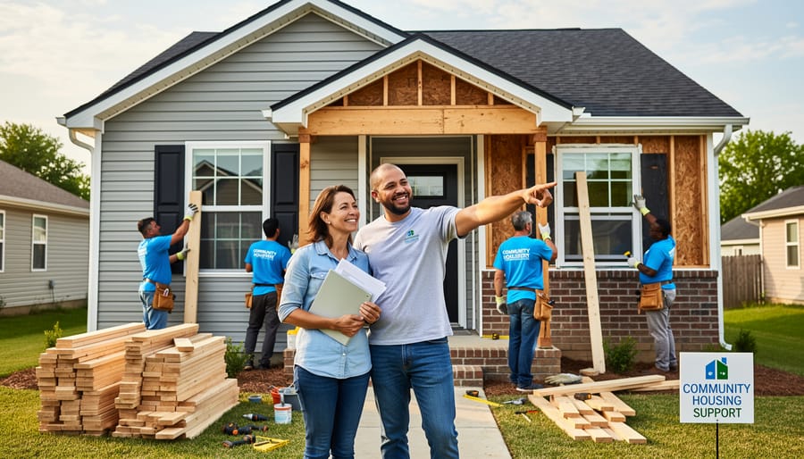 An elderly homeowner interacting with a contractor on a front porch during a home repair visit.