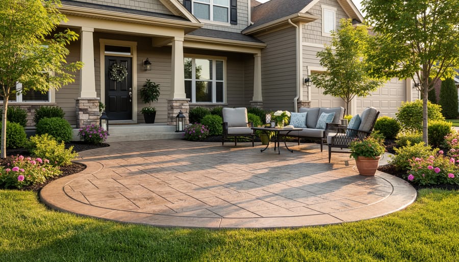 Homeowners standing near a stamped concrete patio and walkway in a residential backyard