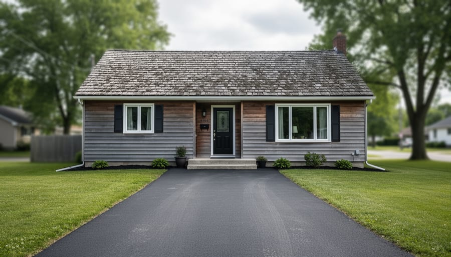 “Exterior of an older Canadian home with weathered roof shingles and wood siding in a suburban setting under an overcast sky.”