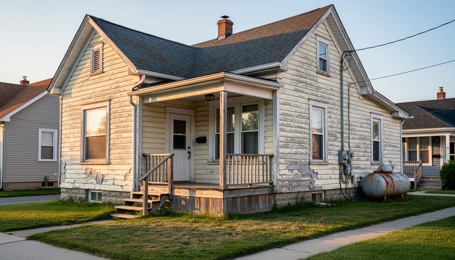 Older detached house exterior with worn shingles and aged siding in a quiet residential neighborhood.