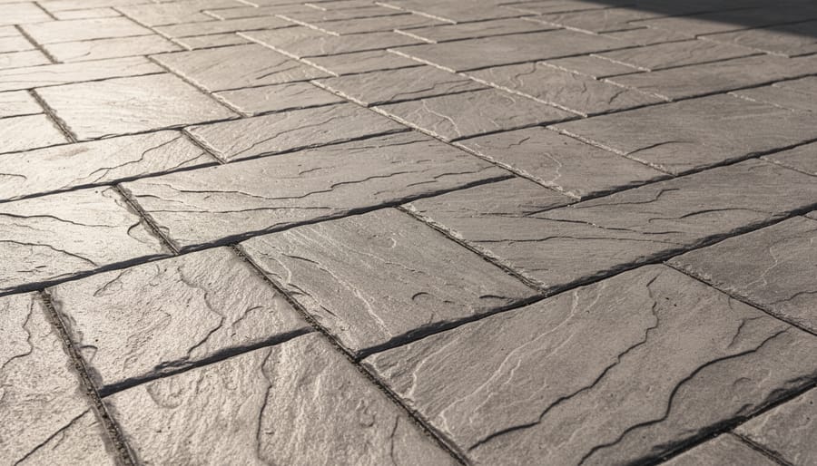 Close-up of slate-textured stamped concrete showing embossed surface details