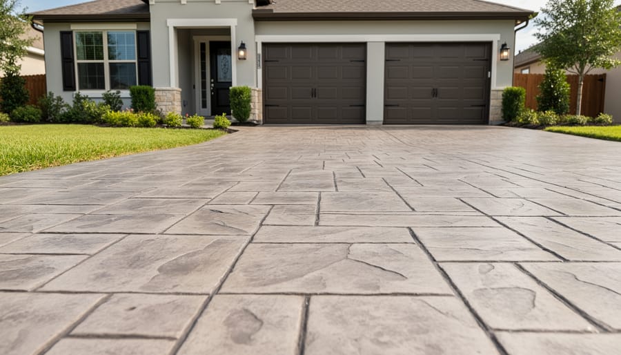 Wide view of a stamped concrete driveway with a cobblestone pattern in a residential neighborhood