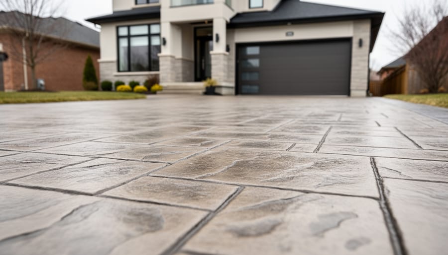 Close, low-angle view of a stamped concrete driveway with realistic stone and brick-like texture in front of a modern Mississauga home.