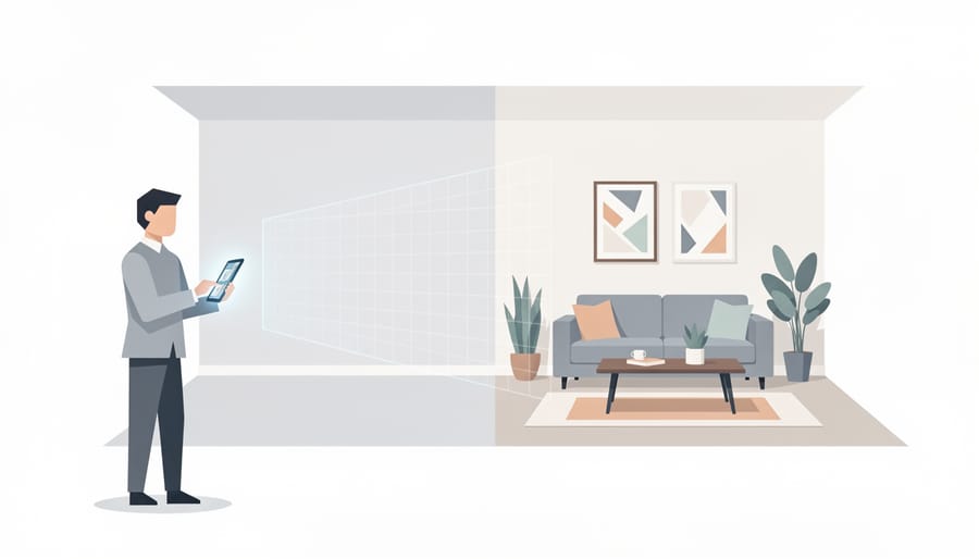 Real estate agent holding a tablet with an indistinct staged room preview