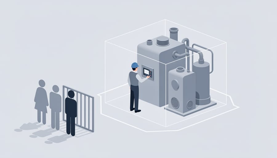Hand holding a key near a boiler-room door, symbolizing authorized access to mechanical equipment areas