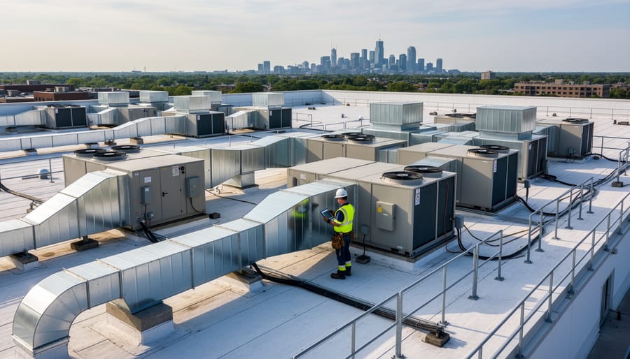 Rooftop mechanical HVAC units with visible fans and metal duct connections on a commercial building