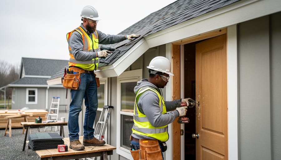Roofing and renovation volunteers in safety gear repairing a community building, with one person installing shingles and another working on a door repair.