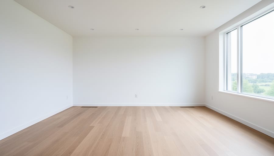 Empty sunlit living room interior with bare walls and unfurnished space