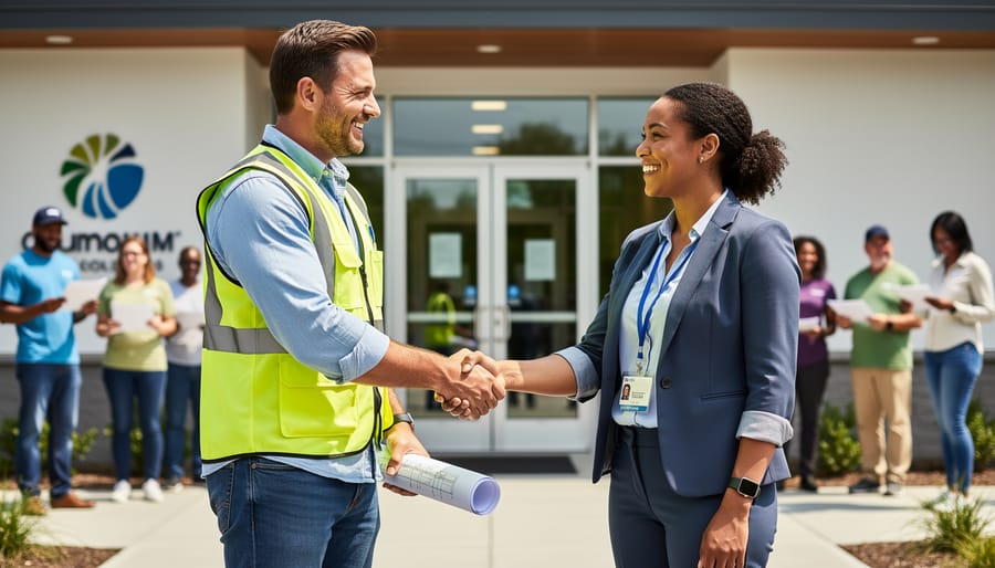 Contractor and shelter staff member shaking hands in front of a community center, with tools visible in the background