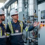 Two facility operators wearing hard hats and high-visibility clothing stand in a commercial boiler room near HVAC control equipment and connected piping.