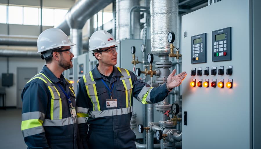 Two facility operators wearing hard hats and high-visibility clothing stand in a commercial boiler room near HVAC control equipment and connected piping.