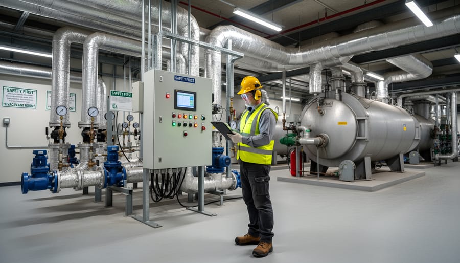 Operating engineer wearing high-visibility clothing and hard hat next to boiler-room control panel and piping