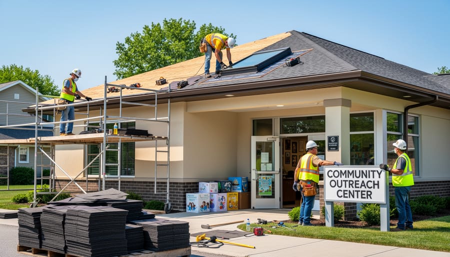 Roofing workers installing materials on a non-profit community building exterior in daylight