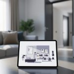 A tablet in the foreground suggests virtual staging while a bright modern living room interior sits in the background, evoking a professionally furnished real estate listing.