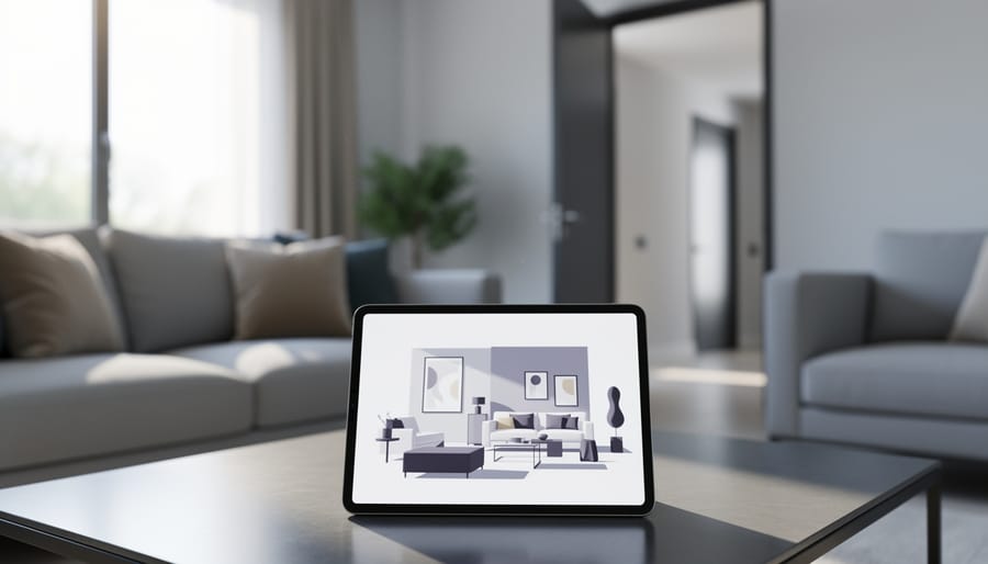 A tablet in the foreground suggests virtual staging while a bright modern living room interior sits in the background, evoking a professionally furnished real estate listing.